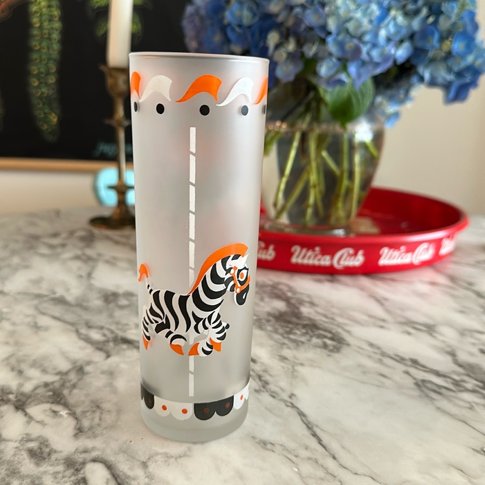 Vintage Libbey Zebra Frosted Glasses Merry Go Round Animals Carousel